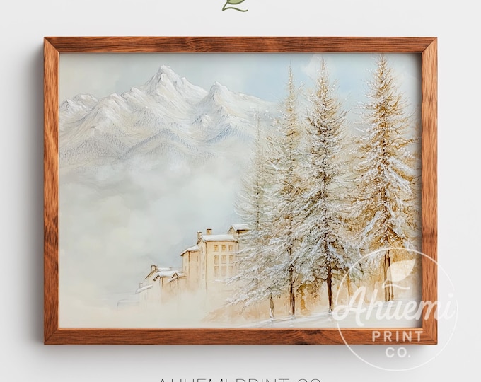 Winter Village Mountain Print – Rustic Cottagecore Scene (Digital Download)