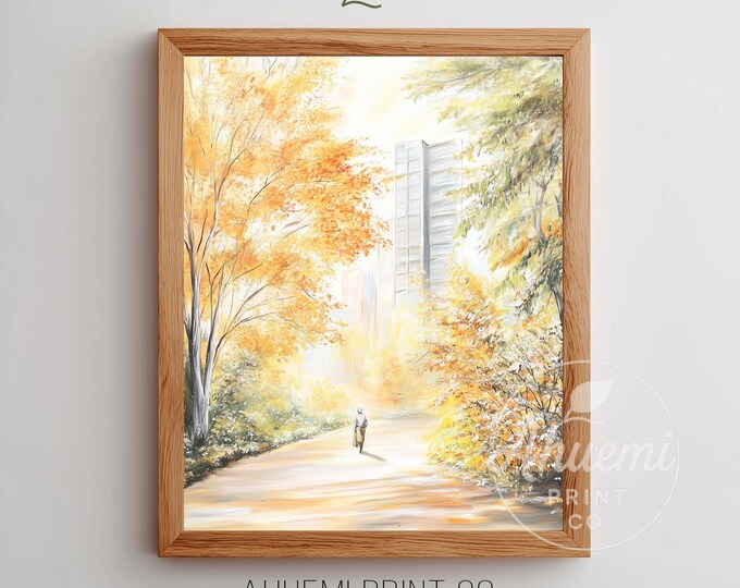 Autumn Park Landscape Print - Solitary Walker, Golden Foliage (Instant Download)