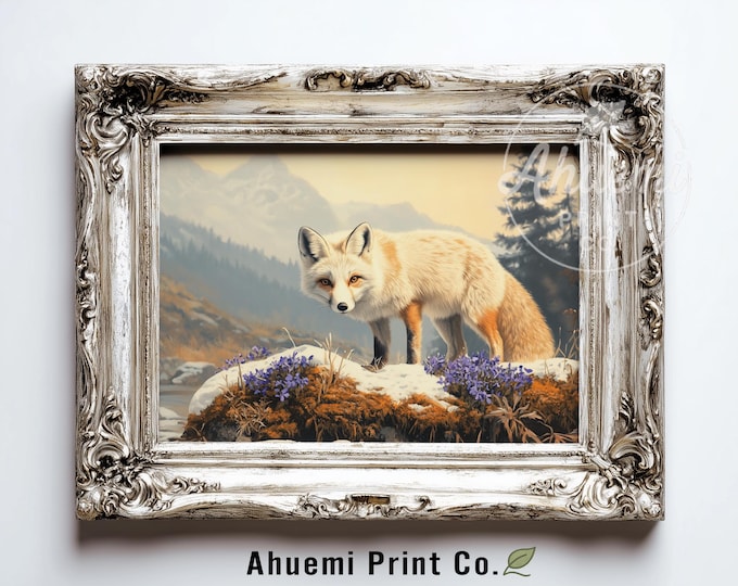 Arctic Fox Watercolor Painting - Moody Winter Landscape Art, Serene Forest Scene, Rustic Cottagecore Wall Decor, Printable Digital Art 596