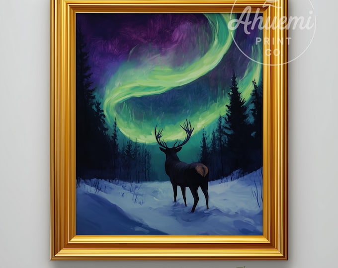 Winter Stag Painting, Aurora Borealis Forest Scene (Digital Download)
