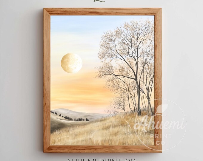 Autumn Moonrise Farmhouse Print – Serene Landscape Art (Digital Download)