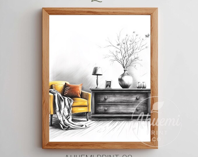 Mid-Century Modern Autumn Interior Print – Yellow Armchair (Digital Download)
