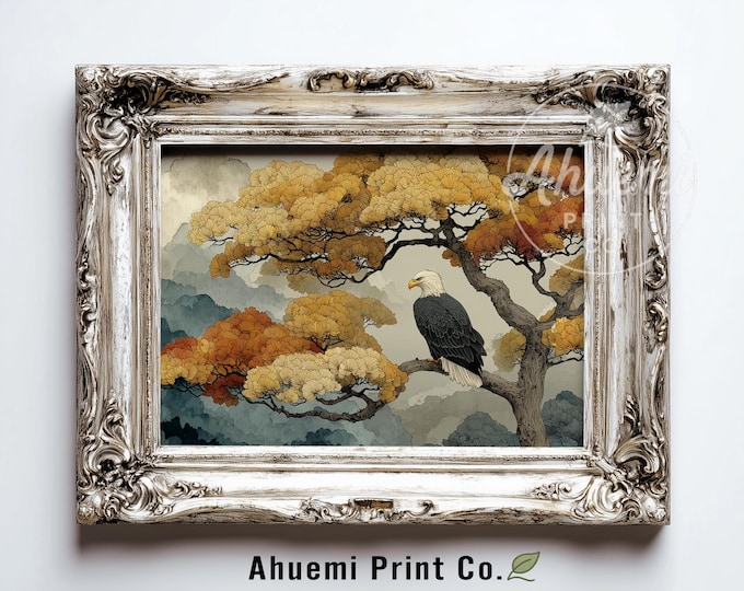 Bald Eagle Autumn Pine Branch Art Print – Vintage Rustic Painting (Digital Download)