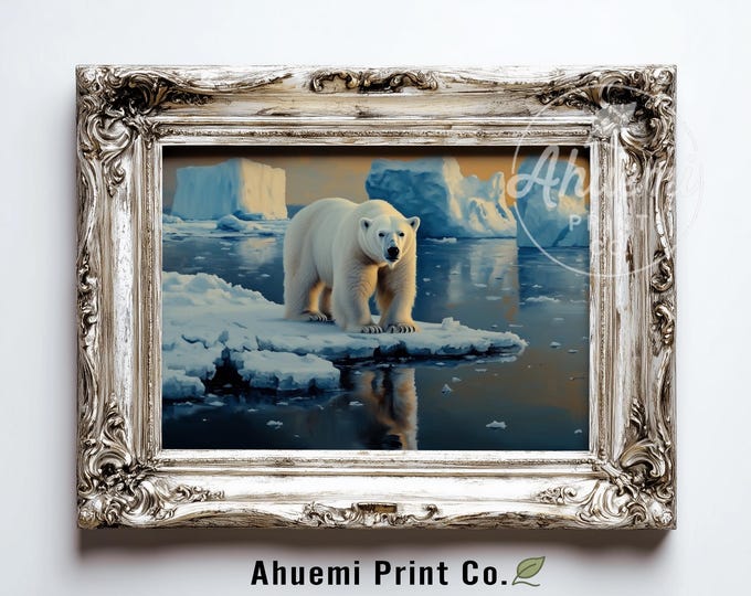 Moody Polar Bear on Ice Floe Painting - Printable Wildlife Wall Art, Dramatic Arctic Landscape, Cool Blues and Warm Sunset Digital 586