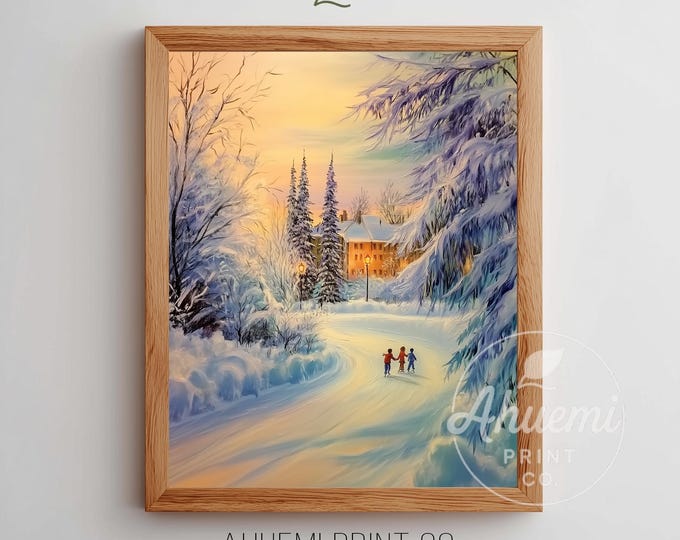 Printable Cozy Holiday Village Plaza Scene - Wintery Vintage Painting with Children Skating, Festive Decor, Snowy Trees, Digital Art 244