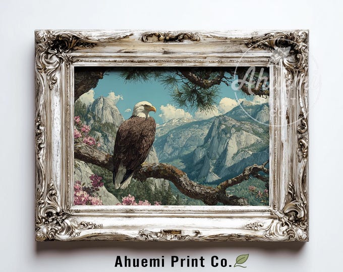 Majestic Bald Eagle in Mountain Valley Printable - Rustic Wildlife Painting, Vintage-Inspired Lodge Wall Art, Teal Sky Decor Download 369