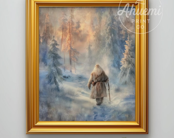Vintage Santa Winter Art Print – Rustic Christmas Woodland Scene (Digital Download)