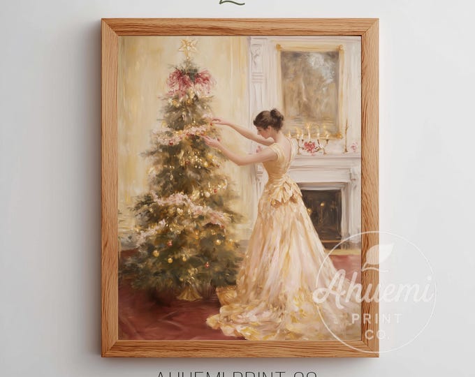 Vintage Pink Christmas Art Print – Elegant Woman, Holiday Scene (Digital Download)