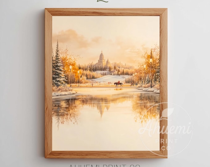 Vintage Winter Village Printable - Rustic River Landscape, Cozy Evening Scene, Snowy Trees, Horse-drawn Sleigh, Digital Art Download 236