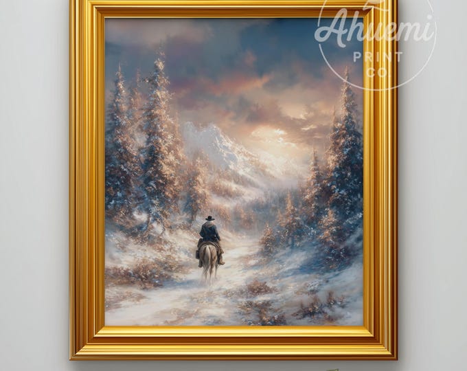 Vintage Winter Landscape Print – Moody Forest Horse Rider (Digital Print)