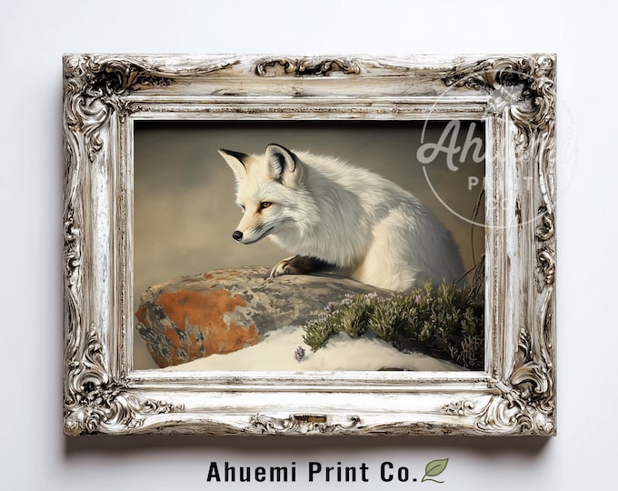 Moody Winter Arctic Fox Printable - Serene Neutral Watercolor Art, Rustic Wildlife Decor, Cozy Snowy Landscape, Digital Download 595