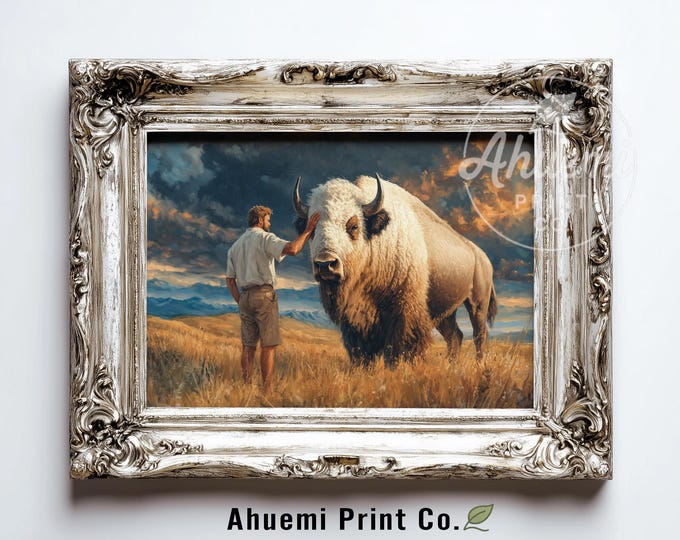 Majestic White Bison and Young Man Realistic Painting - Rustic Western Art, Moody Prairie Scene, Vintage Pastoral Landscape, Printable 508