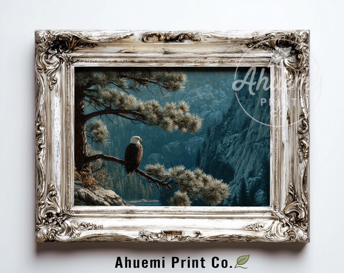 Majestic Bald Eagle on Pine - Moody Wilderness Printable Art, Realistic Mountain Landscape, Serene Nature Wall Decor, Digital Download 368