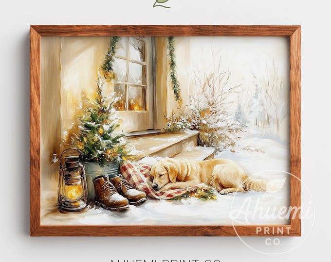 Golden Retriever Christmas Print – Snowy Porch Holiday Wall Art (Digital Download)