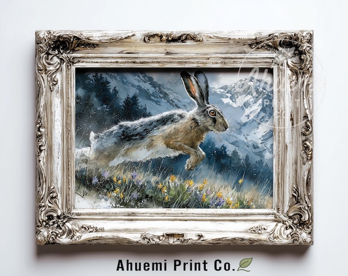 Moody Rustic Jackrabbit Leap Painting - Dynamic Wildlife Art, Black-Tailed Rabbit in Alpine Meadow, Printable Spring Wall Art Download 370