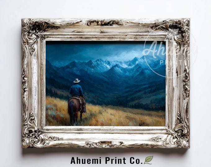 Rustic Cowboy Landscape Printable - Moody Western Frontier Painting, Lone Rider in Mountain Valley, Vintage Decor, Digital Download Art 387
