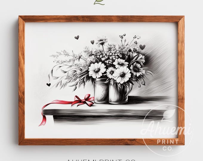 Wildflower Jar Sketch Print – Vintage Farmhouse Cottagecore Art (Digital Download)
