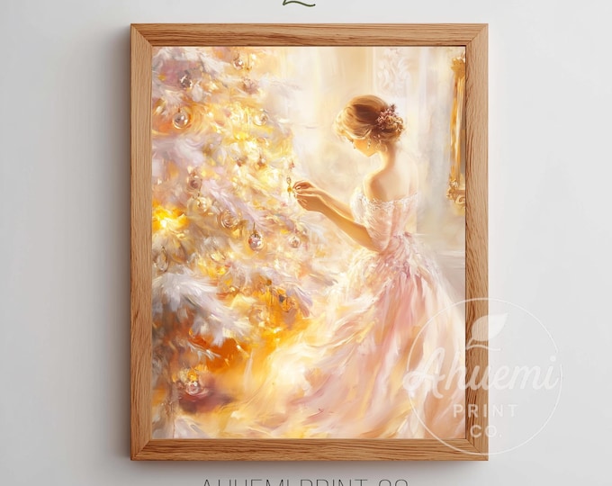 Pink Christmas Tree Wall Art, Satin Gown, Vintage Holiday Scene (Digital Download)
