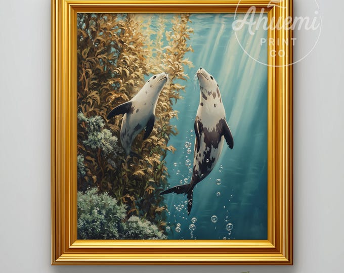 Printable Marine Seascape with Seals - Moody Coastal Wall Art, Underwater Kelp Forest Scene, Serene Nature Decor, Digital Download 459