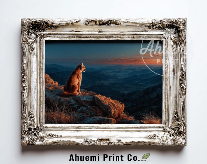 Mountain Lion on Granite Outcrop - Moody Wildlife Nature Art, Serene Mountain Scene, Rustic Lodge Decor, Digital Landscape Painting 380