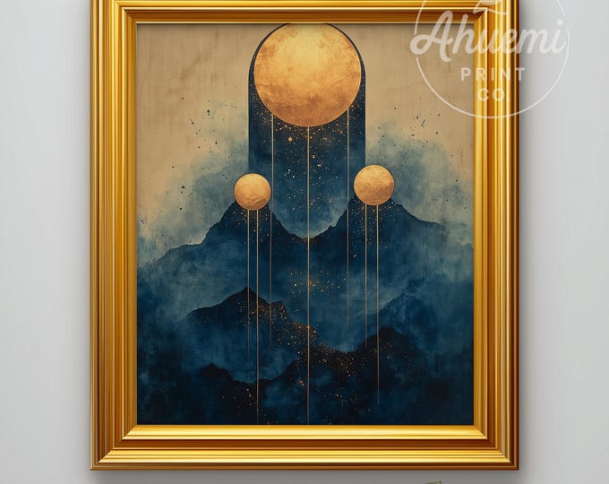 Minimalist Nativity Watercolor Print – Indigo Gold Scene (Digital Download)