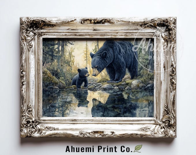 Rustic Wildlife Wall Art, Printable Bear Family Creek Scene, Woodland Decor, Nature-Inspired Forest Print, Tranquil Digital Download 421