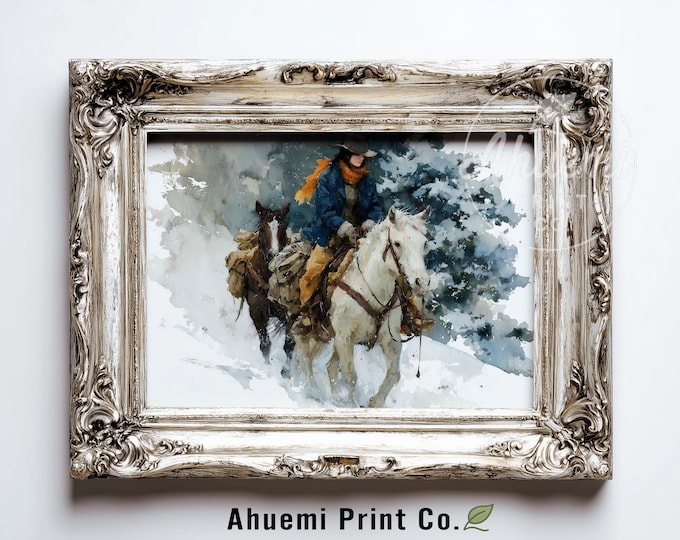 Rustic Winter Cowgirl Printable Art - Moody Western Landscape, Watercolor Painting, Snowy Pines, Earthy Wall Decor, Digital Download 408