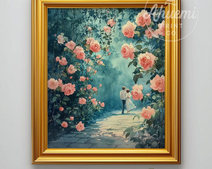 Pastel Couple Amid Roses - Romantic Cottagecore Garden, Watercolor Floral Art, Serene Vintage-Inspired Wall Decor, Printable Download 577