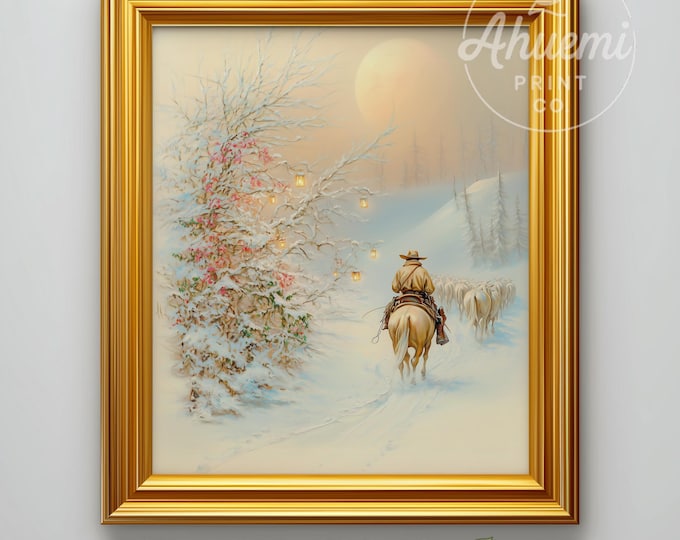 Winter Cowboy Cattle Drive Print - Rustic Snowy Western Landscape (Digital Art)