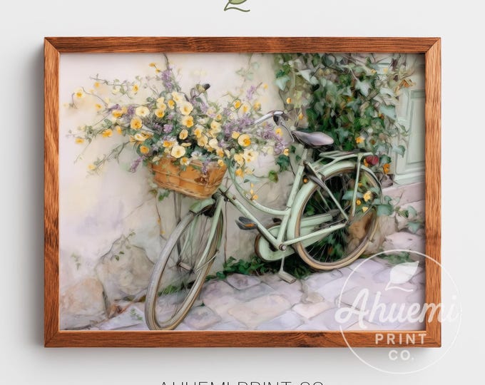 Cottagecore Bicycle Print – Vintage Mint Green Bike, Wildflower Art