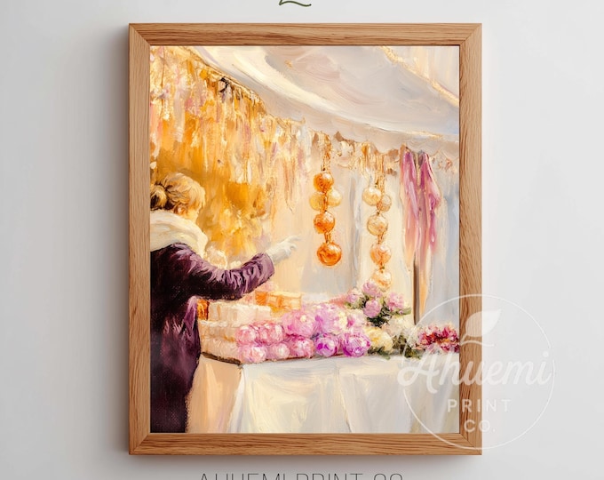 Pink Holiday Market Stall Art Print – Cozy Christmas Decor (Digital Download)