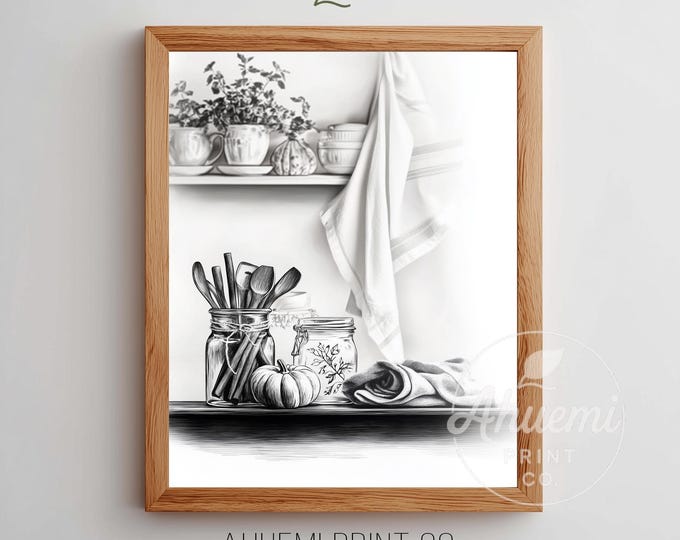 Rustic Kitchen Shelf Still Life - Cozy Fall Decor Art, Monochrome Printable Sketch, Ceramic Mugs, Seasonal Homey Vibes, Digital Download 79