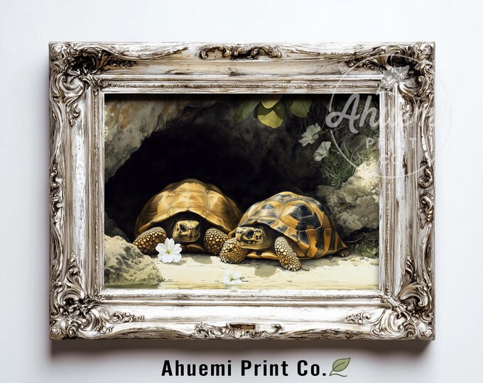 Aldabra Giant Tortoises Art Print - Rustic Wildlife Decor, Cottagecore Botanical Scene, Earthy Printable Painting, Digital Download 562
