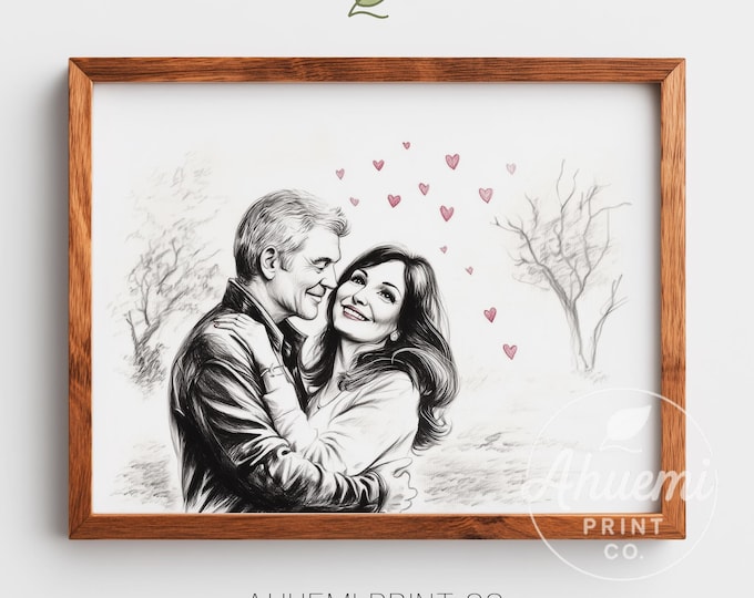 Romantic Couple Portrait Print - Vintage Sketch Art (Digital Download)