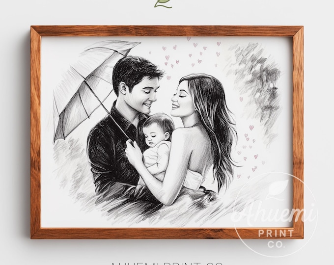 Hand-Drawn Family Portrait with Baby - Romantic Couple Under Umbrella, Sentimental Nursery Art, Cozy Love Sketch, Printable Wall Decor 43