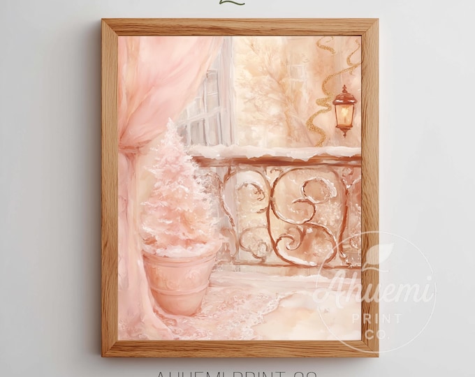 Pink Parisian Balcony Winter Print – Snowy Tree, Romantic Scene (Digital Download)