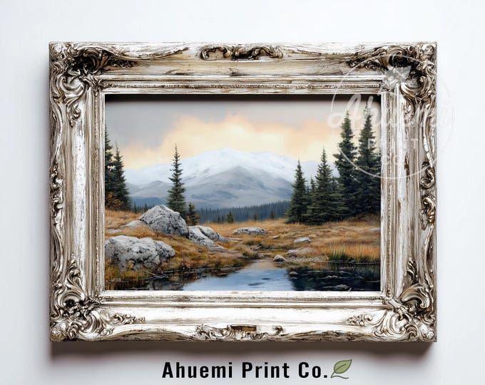 Moody Mountain Lake Landscape Painting - Tranquil Alpine Lake Katherine, Rustic Vintage Wall Art, Evergreen Pines, Digital Printable 476