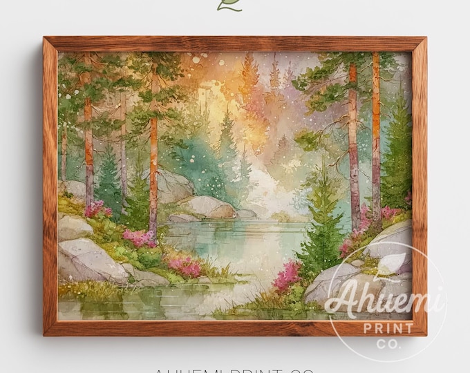 Misty Forest Watercolor Print – Tranquil Cottagecore Landscape (Digital Download)