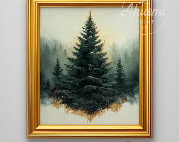 Moody Christmas Tree Watercolor Print – Rustic Holiday Wall Art (Digital Download)