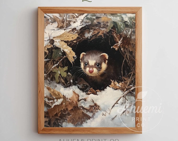 Cozy Ferret Art Print – Cottagecore Animal Painting (Digital Download)