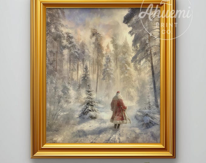 Santa Claus Snowy Forest Print, Vintage Christmas Art (Printable)