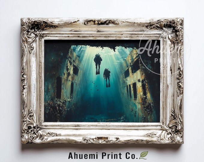 Moody Underwater Shipwreck Scene - Realistic Nautical Painting, Dramatic Maritime Deco, Turquoise Ocean Print with Scuba Divers, Digital 455