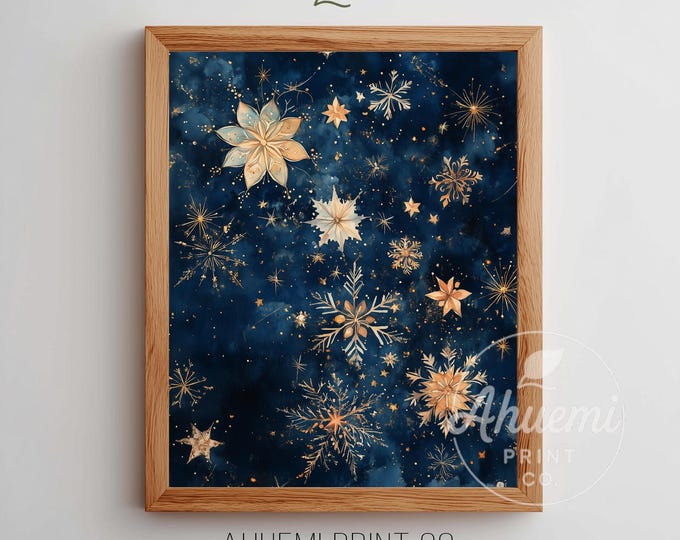 Winter Printable Celestial Wall Art - Moody Starry Night, Watercolor Stars and Snowflakes, Festive Gold Accents, Digital Download Decor 227