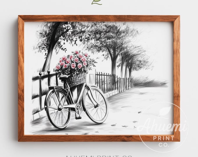 Vintage Bicycle Wall Art - Cozy Cottagecore Sketch, Romantic Pink Roses in Basket, Rustic Printable Decor, Digital Download 47
