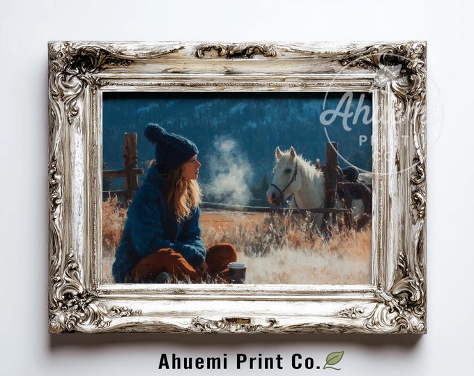 Rustic Cowgirl and Horse Painting - Frosty Field Winter Scene, Moody Farmhouse Art, Cozy Country Winter Decor, Digital Wall Art Download 406