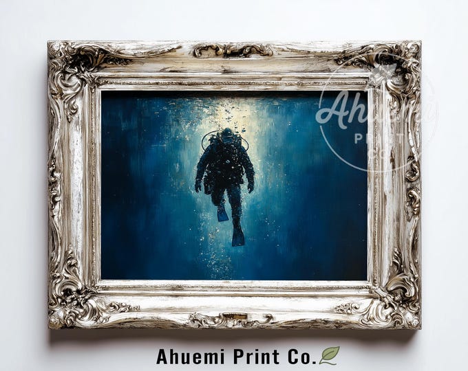 Moody Ocean Depths Printable - Dramatic Diver Silhouette, Atmospheric Deep Sea Wall Art, Nautical Seascape Decor, Digital Download Art 454