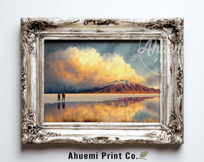 Printable Uyuni Salt Flats Landscape - Minimalist Painting with Mirror-Like Reflection, Serene Mountain Scene, Moody Morning Decor 479