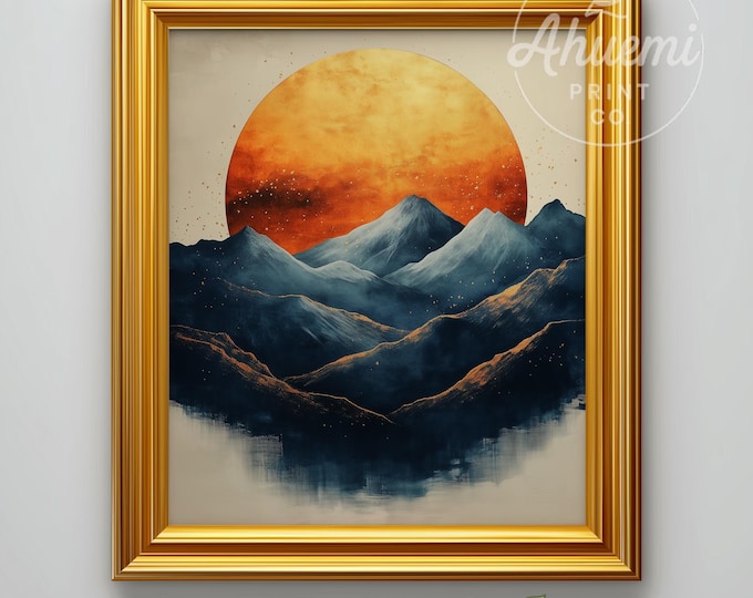 Moody Mountain Landscape Print – Abstract Watercolor Sun Moon (Digital Download)