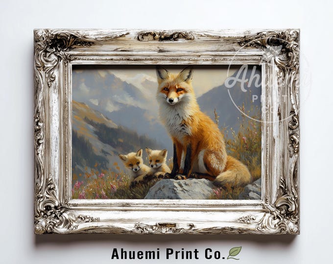Sierra Nevada Red Fox Family Painting - Rustic Moody Wildlife Art, Cozy Nature Scene, Printable Fox Wall Decor, Woodland Animal Print 432