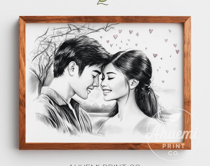 Romantic Minimalist Printable Portrait of Asian Couple - Black and White Sketch with Hearts, Tender Rainy Scene Wall Art Digital Download 52